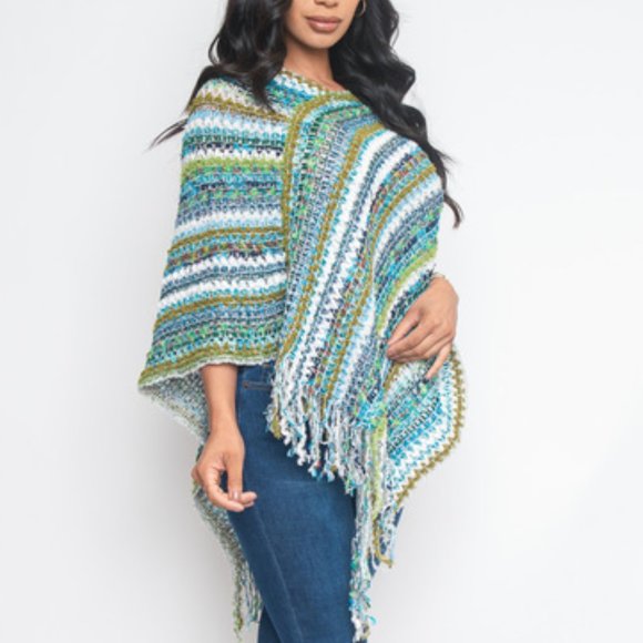 BLUE MULTI COLOR KNIT PONCHO FALL SEASON STRIPED S - Picture 3 of 4